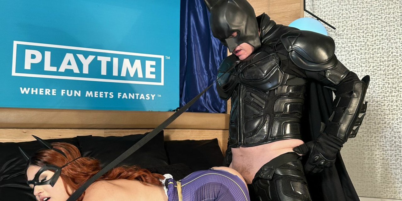 Batman Dominated by Poison Ivy, Harley Quinn and BatGirl in Femdom Costume Scene