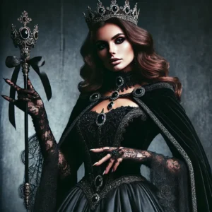 A regal dark queen in a flowing black gown adorned with jewels and a velvet cape. She wears a crown set with dark gems and holds an ornate scepter, exuding power and majesty.