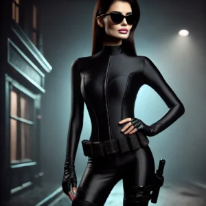 A sleek femme fatale dressed in a black catsuit, wearing dark sunglasses and thigh-high boots. Her confident pose and mysterious look add to the allure of a skilled spy.