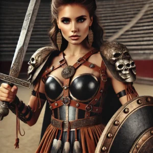 A powerful gladiatrix in a leather-like bodice, gladiator-style skirt, and lace-up sandals, holding a sword and shield. Her armor features skull motifs on the shoulder, and her intense gaze reflects strength and dominance.