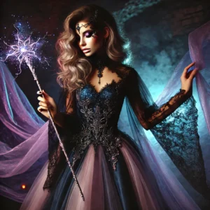 A seductive sorceress wearing ethereal flowing robes in shades of purple, black, and blue. She holds a mystical staff with glowing energy, surrounded by a magical and mysterious atmosphere.