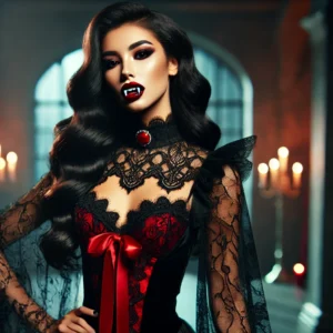 A seductive woman dressed as a vampire in a dramatic black and red lace gown, with a high collar and flowing sleeves. Her fangs and intense gaze create a striking vampire look.