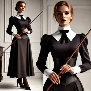 A strict governess in a high-collared blouse, long tailored skirt, and polished heels, holding a riding crop. Her stern expression adds to the authoritative and disciplined look.