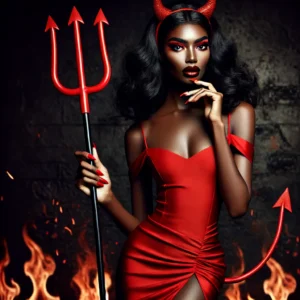 A dark-skinned woman dressed as a devil in a form-fitting red dress, with devil horns and a pitchfork. Her bold makeup and seductive posture emphasize her devilish allure.